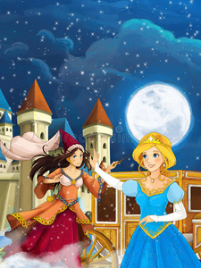 卡通战车不同童话故事的卡通场景-年轻女孩穿着漂亮的去参加舞会照片