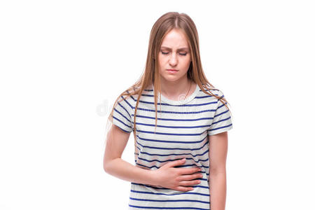 投掷的内核特写照片的年轻不快乐,烦恼,生病的女人即将扑哧,呕吐,干呕