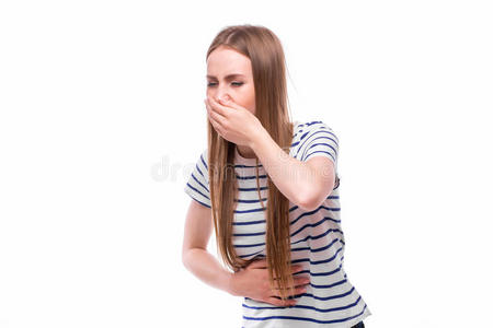 特写照片的年轻不快乐,烦恼,生病的女人即将扑哧,呕吐,干呕巴夫,投掷