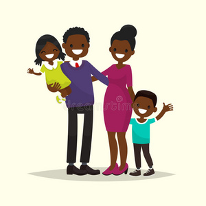 非裔美国人家庭。 父亲，母亲，儿子和女儿。 矢量插图