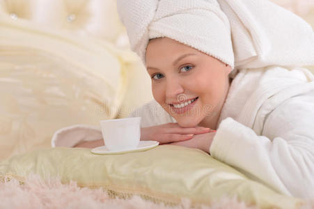 咖啡 健康 漂亮的 护肤品 美女 毛巾 软的 长袍 浴袍