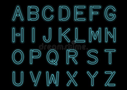 发光的青色蓝色霓虹灯字母和透明。 自定义字体进行设计。 闪亮的字母和符号。