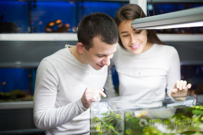 一对夫妇选择水族馆鱼