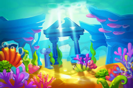 创意插图和创新艺术:海底寺庙遗址.照片
