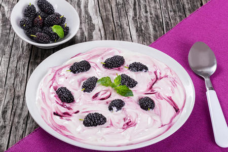 新鲜希腊酸奶,有彩色污渍和桑葚照片
