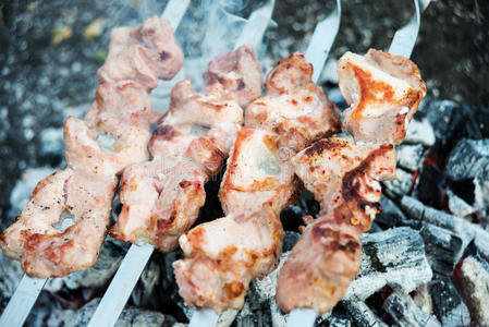 扦子 牛排 聚会 猪肉 野餐 烤肉串 火焰 夏天 胡椒粉