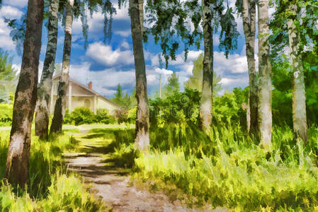 柔和的 森林 颜色 自然 绘画 小屋 艺术品 油漆 美丽的