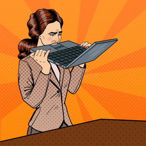 沮丧的压力商务妇女在办公室咬笔记本电脑。 流行艺术