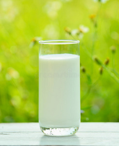 花园里白色桌子上的一杯牛奶