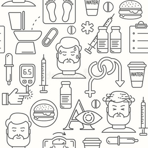 糖尿病症状和控制线风格无缝矢量背景插画