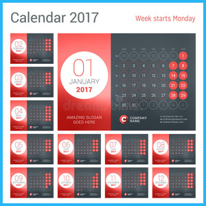 日历模板为2017。矢量设计打印模板与地点的照片，公司标志，口号和联系信息。