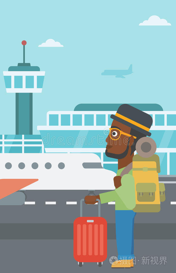 背包 布局 插图 乘客 离开 客机 机场 男人 非洲裔美国人