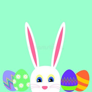 贺卡上有白色复活节兔子和复活节彩蛋