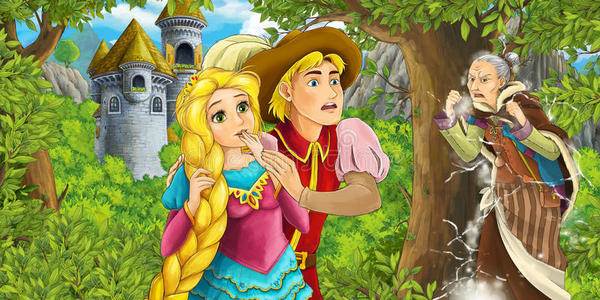 卡通童话场景与城堡塔公主在森林美丽的漫画女孩城堡塔的背景