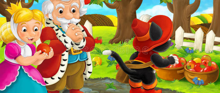 卡通场景与皇家一对和猫旅行者参观苹果花园在美丽的一天