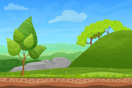 卡通色彩自然春季夏季景观在阳光明媚的日子里有草树天空和山丘。 矢量周日游戏风格插图。