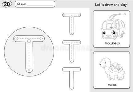 卡通无轨电车和乌龟。 字母追踪工作表为孩子编写az和教育游戏