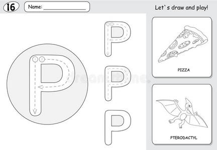 卡通披萨和翼龙。 字母追踪工作表为孩子编写az和教育游戏