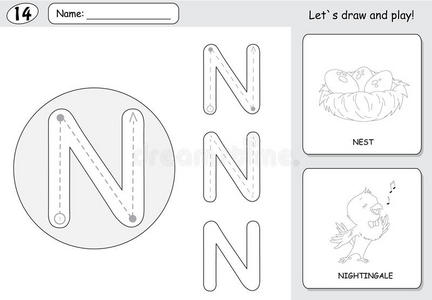 卡通夜莺和巢穴。 字母追踪工作表为孩子编写az和教育游戏