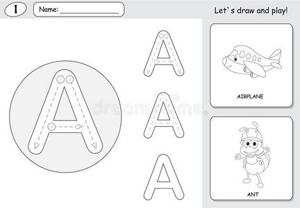 卡通蚂蚁和飞机。 字母追踪工作表为孩子编写az和教育游戏