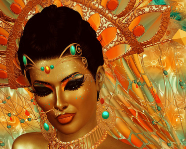 神秘的印度或亚洲幻想女人的抽象数字艺术。