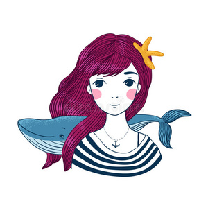 美丽的年轻女孩水手，头发上有鲸鱼和星星。