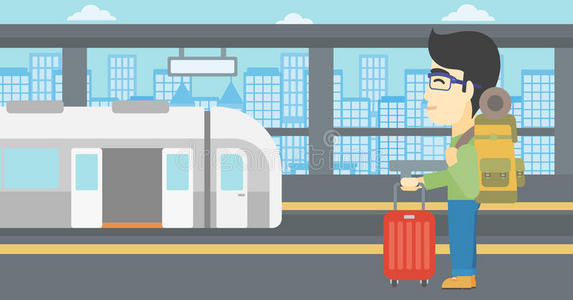 火车 铁路 手提箱 地铁 乘客 人类 卡通 种族 插图 背包
