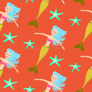 卡通美人鱼公主珊瑚红色无缝图案.照片