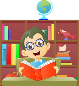 班级卡通图可爱的男孩在图书馆看书照片