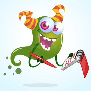 可爱的卡通绿色角鬼与笔和笔记本. 矢量字符照片