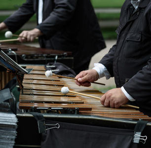 在木琴上演奏音乐家的特写.照片