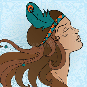 美丽情感的美国印第安女人，头发上有羽毛