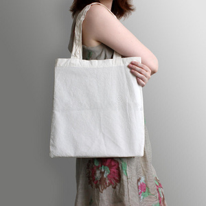 女孩拿着空白棉生态手提包，设计模型。