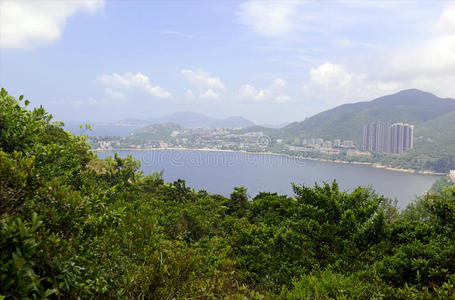 在香港附近的龙背小径上，绿色的热带山脉和徒步旅行路线