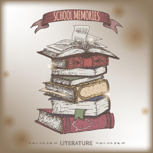 背景上的书堆彩色书堆草图放置在旧纸背景上.照片