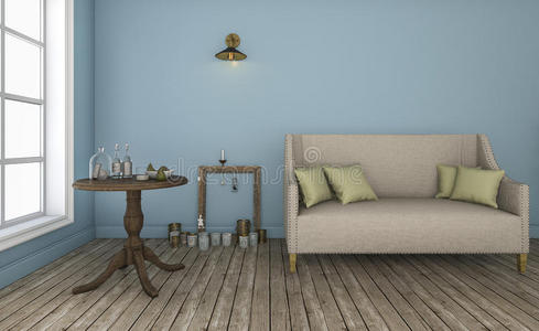 具有良好特色家具的三维渲染蓝墙客厅