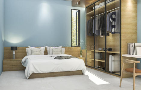 三维渲染蓝色复古卧室与漂亮的布柜