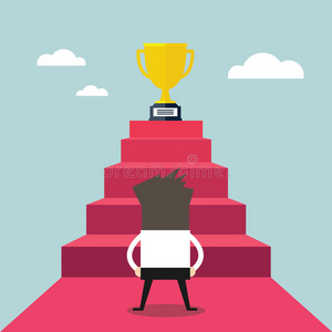 商人站在楼梯前,引领奖杯,通往成功的捷径照片