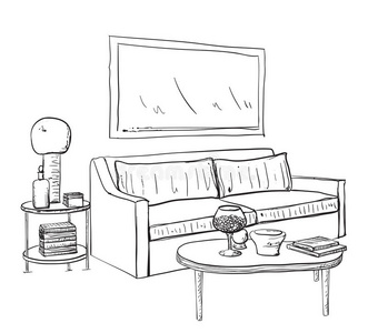 手绘沙发背景墙现代客厅内部手绘草图照片