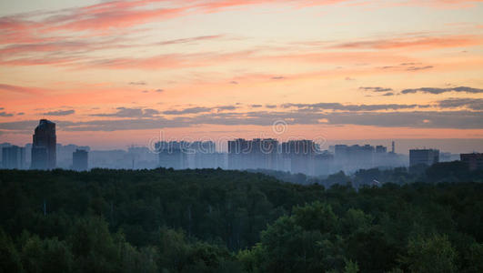 清晨的日出和晨雾笼罩着树林和城市