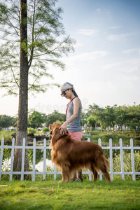 女孩和金色猎犬