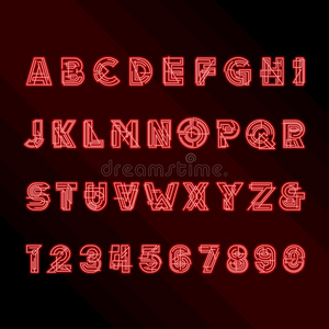 装饰几何字母字体。 发光类型的字母和数字。