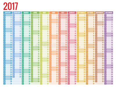 设计2017年墙体月历。 星期从星期天开始。 一套12个月。