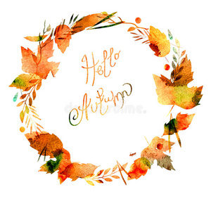秋天的框架有叶子，浆果，树枝，秋天的元素。 标题你好秋天。 水彩纹理黄色，棕色，赭色，红色，