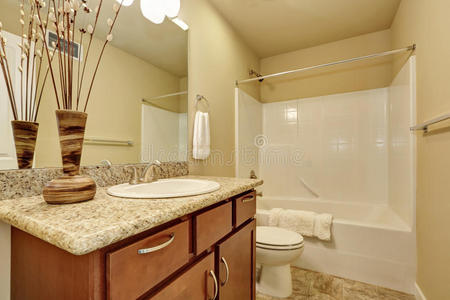 优雅的浴室，有一个海湾浴缸和米黄色的墙壁。