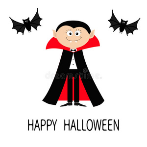 戴着黑色和红色斗篷的德古拉伯爵。 可爱的卡通吸血鬼人物有尖牙。 两只会飞的蝙蝠动物。 万圣节快乐。 平的