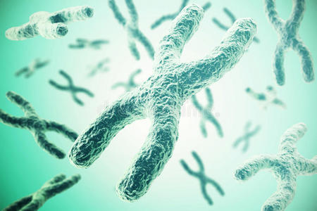 绿色背景下的染色体，科学概念三维插图