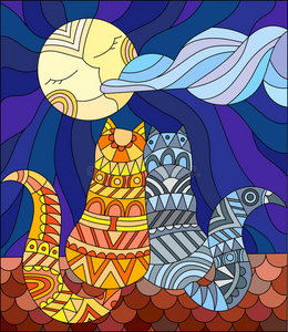 两只蓝色猫坐在月亮和天空背景的屋顶上的抽象图像照片