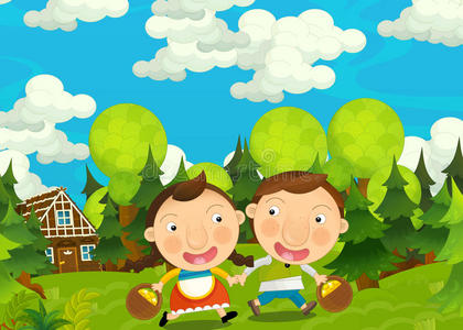 卡通快乐有趣的农场场景与年轻的一对孩子和父母-兄弟姐妹照片