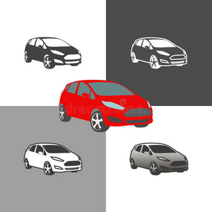 汽车紧凑型城市车辆轮廓图标彩色和轮廓设置